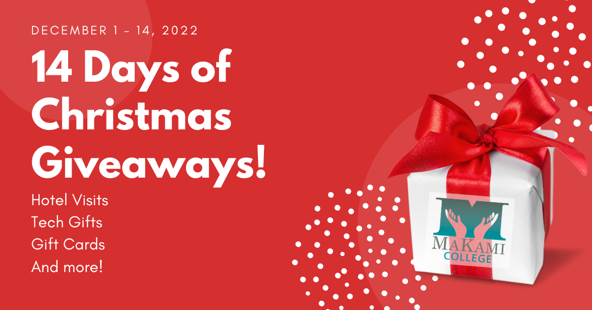 A red banner with white letters promoting the 14 Days of Christmas Giveaways happenign December 1-15, 2022.