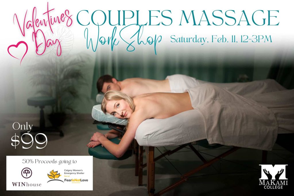 MaKami College graphic promoting Valentine's Day Couples Massage Workshop in Edmonton and Calgary on Saturday, February 11, 2023.