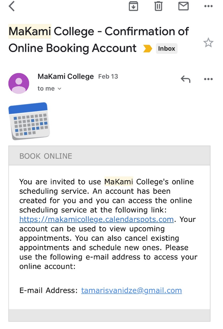 SSC Appointment Calendar confirmation email