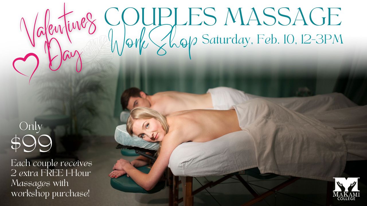 A young caucasian female with blond hair and a young caucasian male with dark hair lay on massage beds in a relaxed spa environment for the promotion of a Valentine's Couples Day Workshop at MaKami College