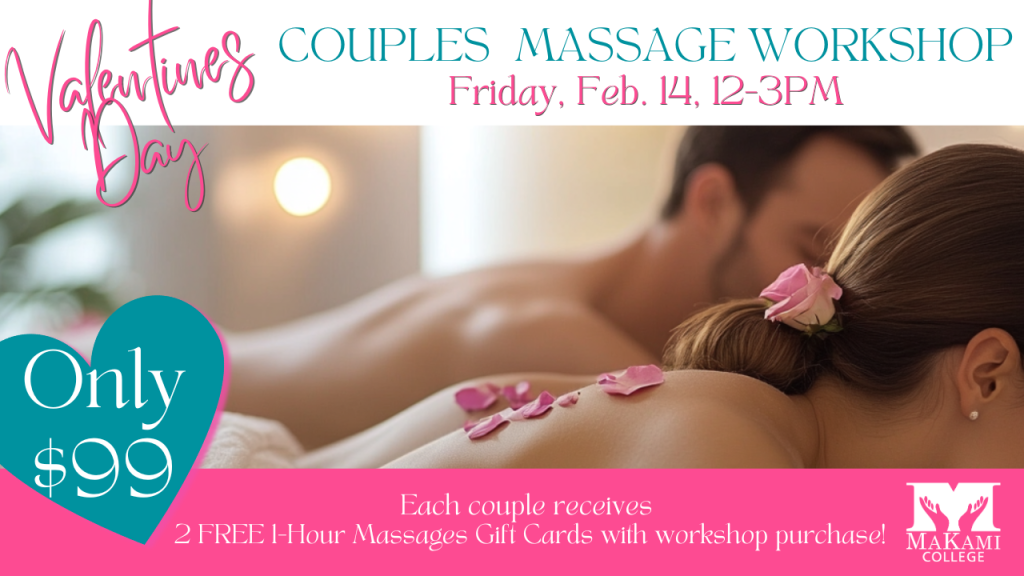 MaKami College is holding a Valentines Day Couples Massage Workshop on Friday, February 14 , 2025, from 12-3PM in its Edmonton and Calgary NE campuses.