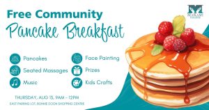Promotional banner for MaKami College's free community pancake breakfast event on Thursday, August 13, 9AM–12PM at the East Parking Lot of Bonnie Doon Shopping Centre in Edmonton, featuring pancakes, seated massages, face painting, music, prizes, and kids crafts, with an illustrated stack of syrup-drizzled pancakes topped with fresh berries.