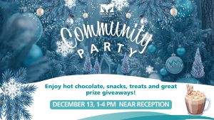 Winter-themed MaKami College Community Party invite: Dec 13, 1–4 PM near reception. Hot chocolate, snacks, prizes.