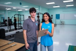Two people stand in a bright gym or fitness studio, one holding a clipboard and appearing to review notes while the other listens. Exercise equipment, mirrors, and weightlifting platforms are visible in the background, suggesting a training or assessment setting.