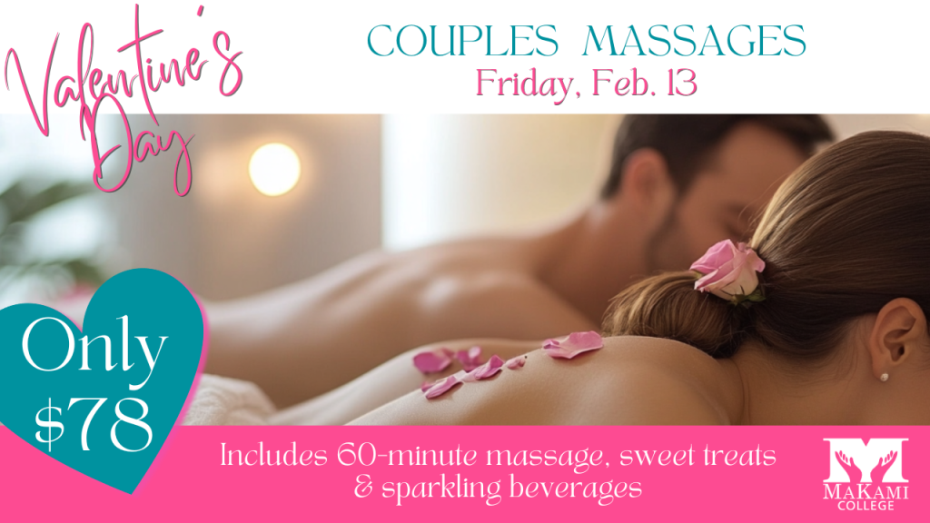 MaKami College is holding a Valentines Day Couples Massage Workshop on Friday, February 13, 2026, at 8:45AM, 10:00AM and 11:15AM in its Edmonton and Calgary NE campuses.