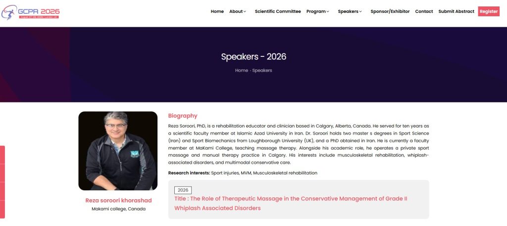 Reza Soroori Khorashad, an instructor in MaKami College's Massage Therapy diploma program will be a featured speaker at the Congress on Physical Medicine and Rehabilitation (GCPR 2026) held in London, UK August 27-29, 2026.