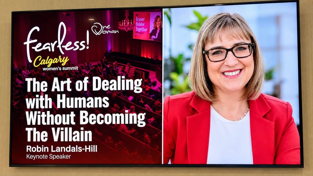 Digital event display featuring keynote speaker Robin Landals-Hill for the Fearless Calgary Women’s Summit.